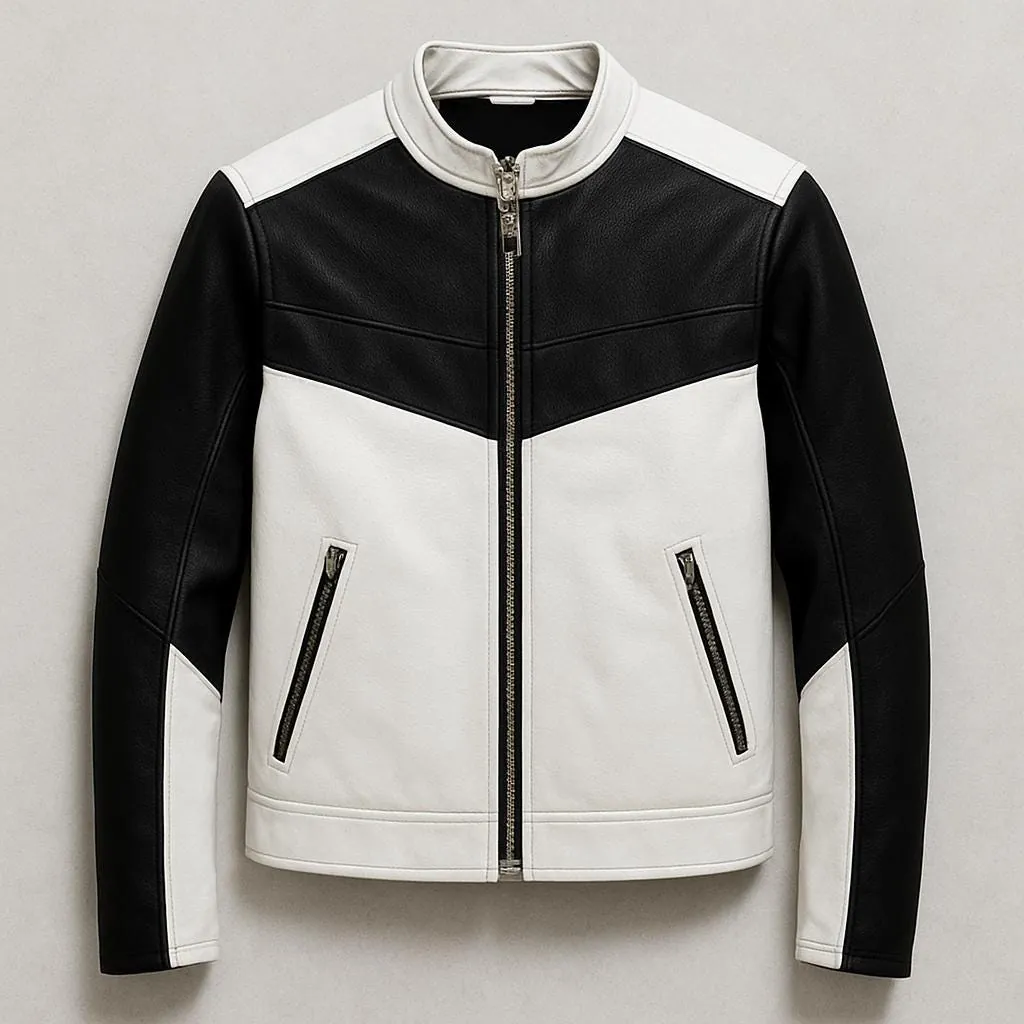 Black and White Leather Jacket Men Biker Moto Style Handmade Fashion Streetwear Coat
