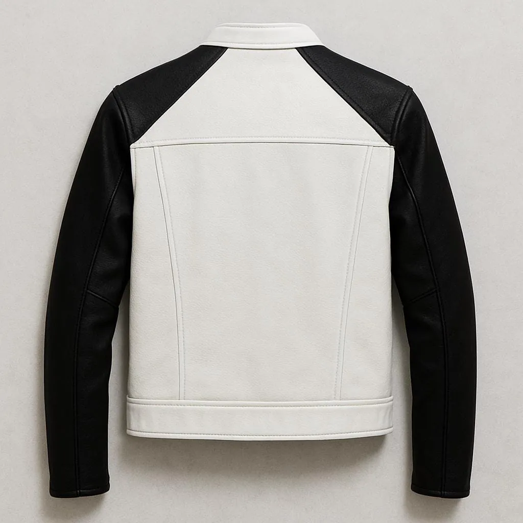 Black and White Leather Jacket Men Biker Moto Style Handmade Fashion Streetwear Coat, view 2