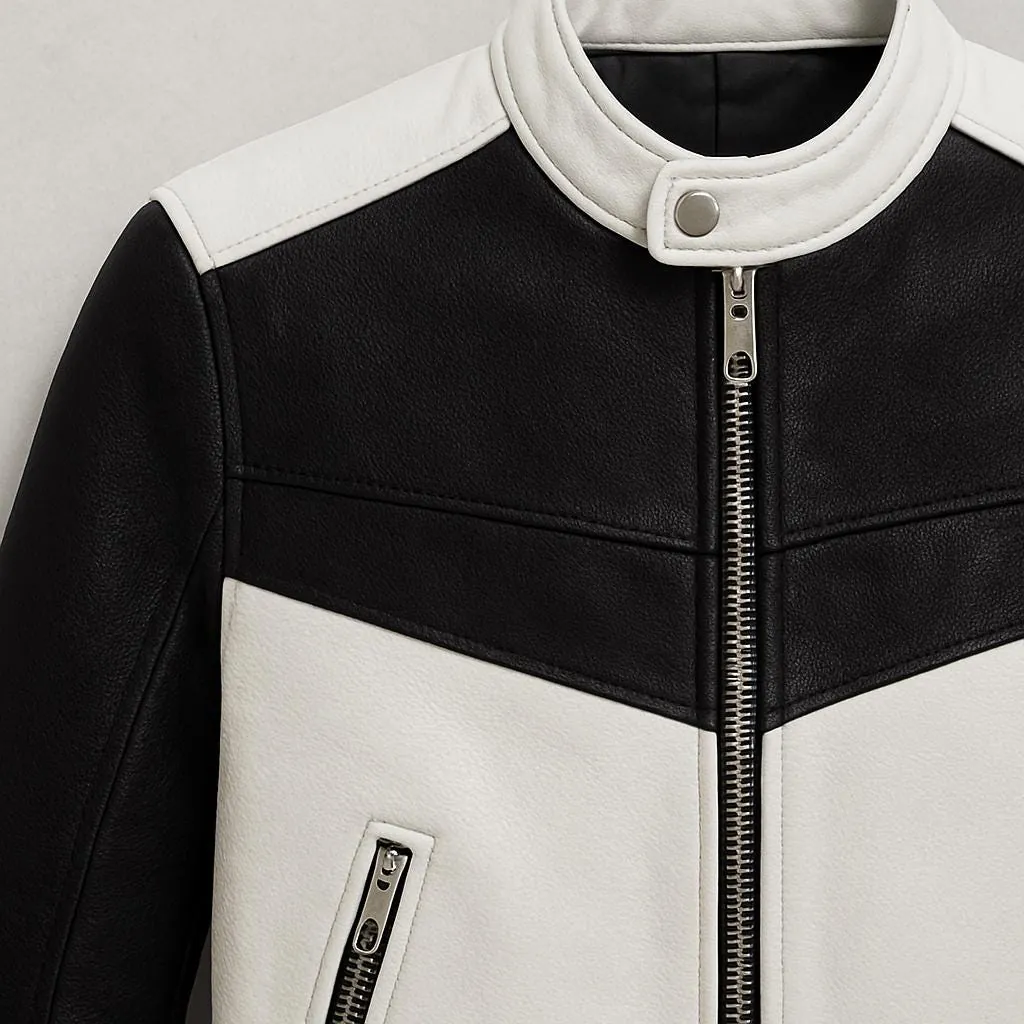 Black and White Leather Jacket Men Biker Moto Style Handmade Fashion Streetwear Coat, view 3