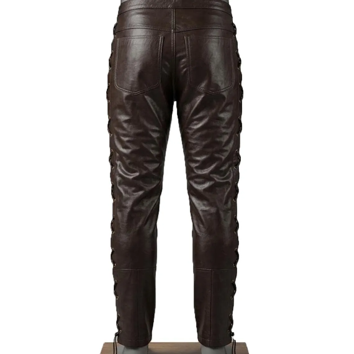 Genuine Brown Leather Lace Up  Pants Motorcycle Biker Rock Star Gothic Outfit, view 2