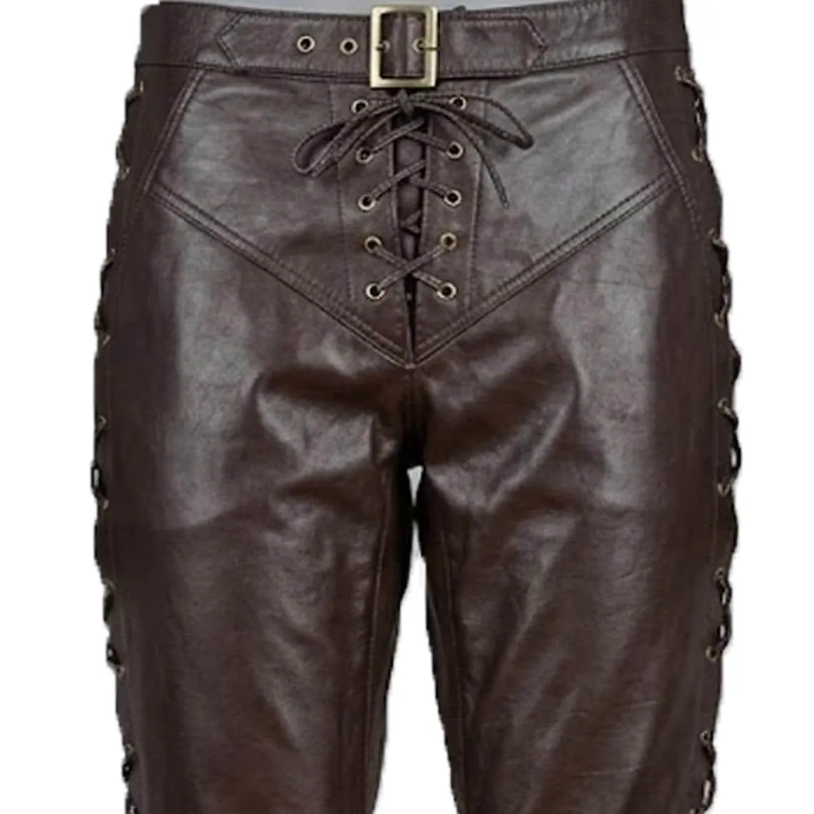 Genuine Brown Leather Lace Up  Pants Motorcycle Biker Rock Star Gothic Outfit, view 3