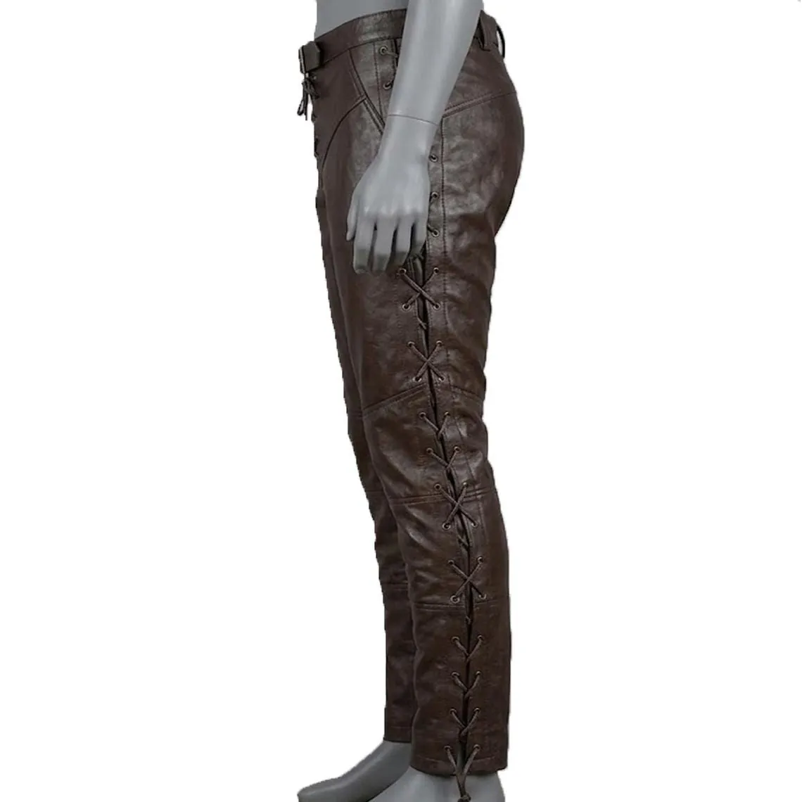 Genuine Brown Leather Lace Up  Pants Motorcycle Biker Rock Star Gothic Outfit, view 5