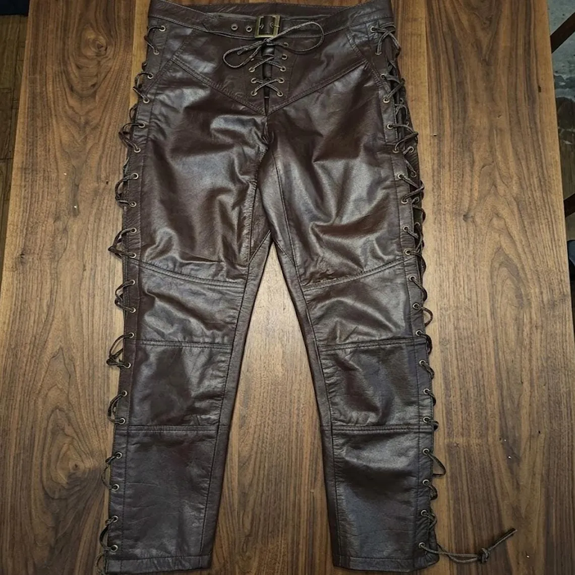 Genuine Brown Leather Lace Up  Pants Motorcycle Biker Rock Star Gothic Outfit, view 7