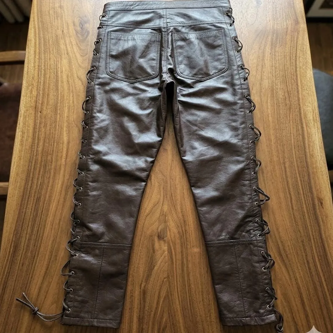 Genuine Brown Leather Lace Up  Pants Motorcycle Biker Rock Star Gothic Outfit, view 8