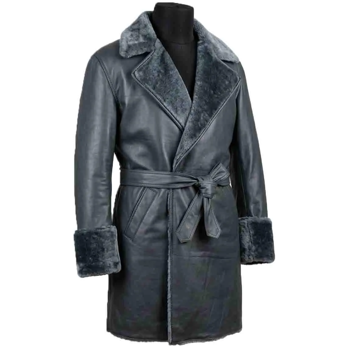 Grey Leather Long Trench Coat