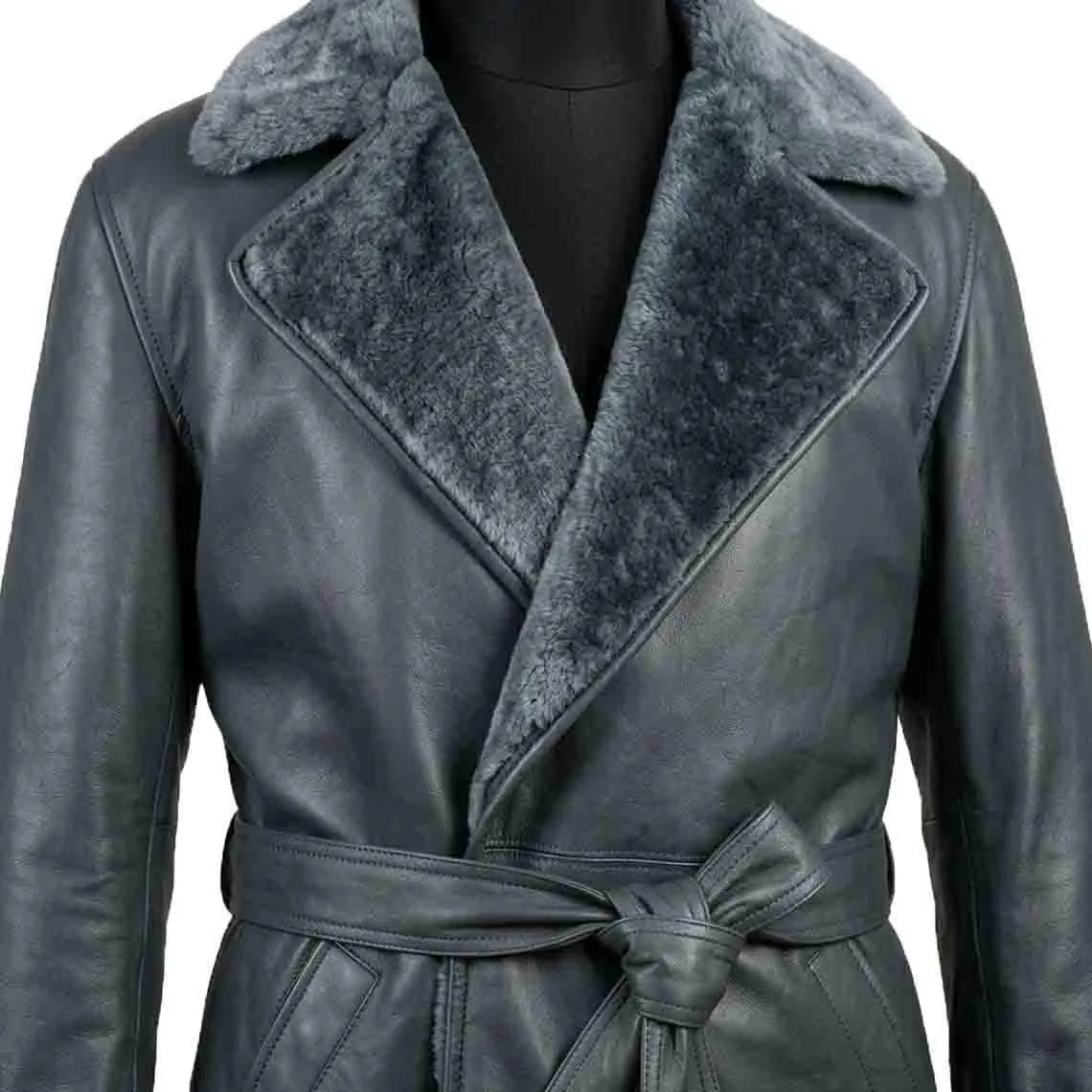 Grey Leather Long Trench Coat, view 3
