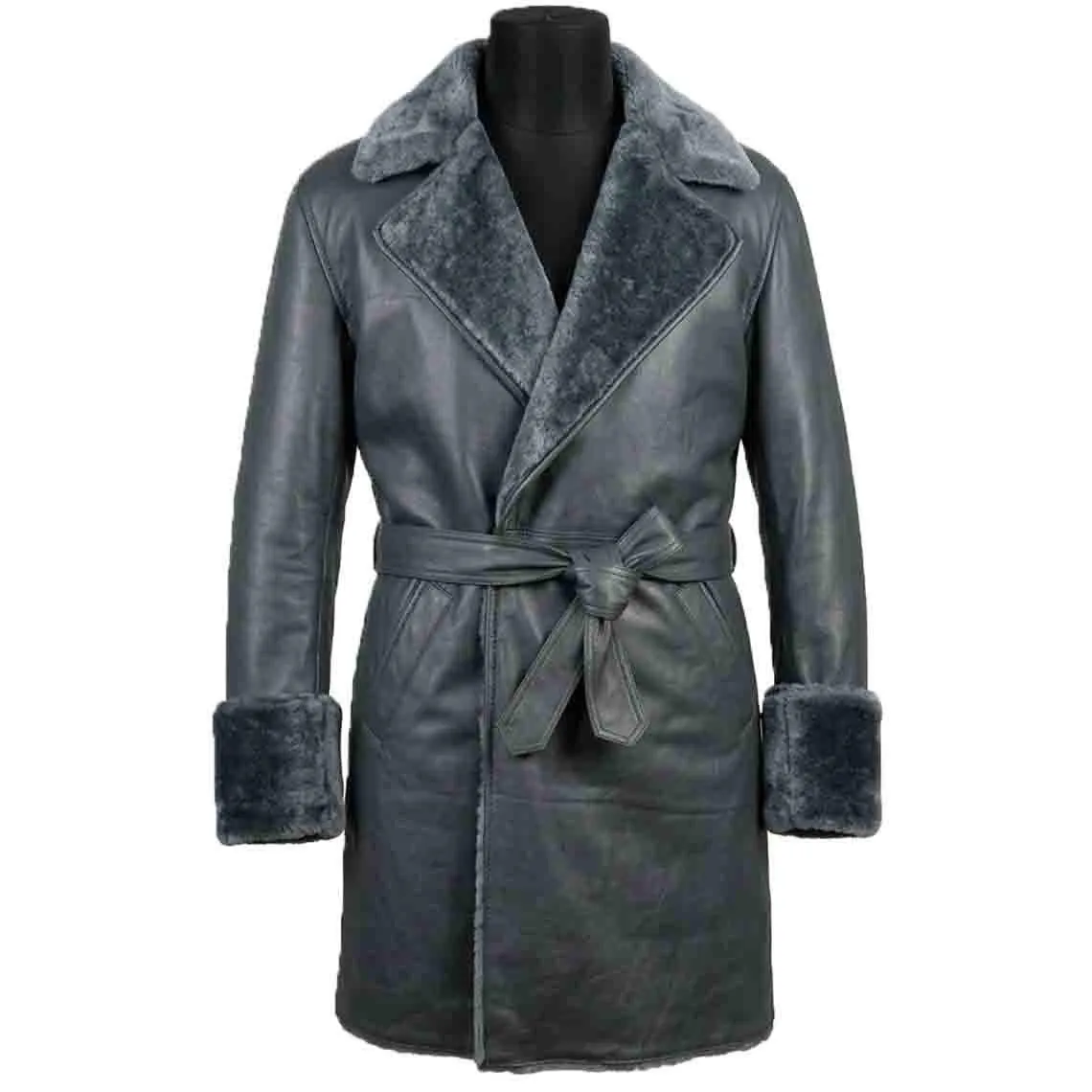 Grey Leather Long Trench Coat, view 4
