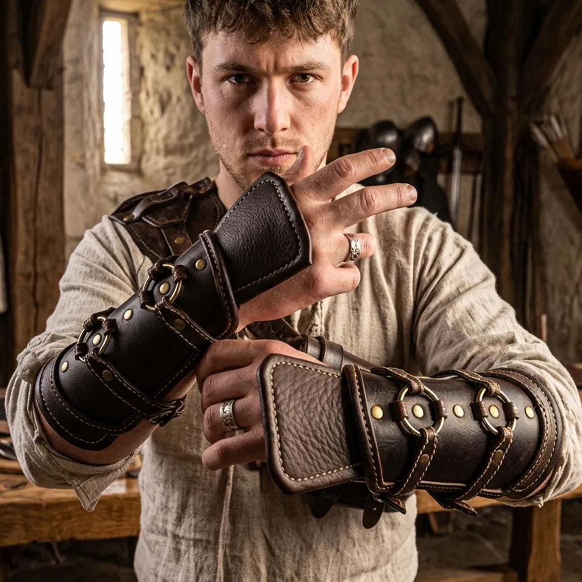 Handmade Leather Bracer Arm Guard Medieval Viking LARP Armor Cosplay Adjustable Cuff Gift, view 2