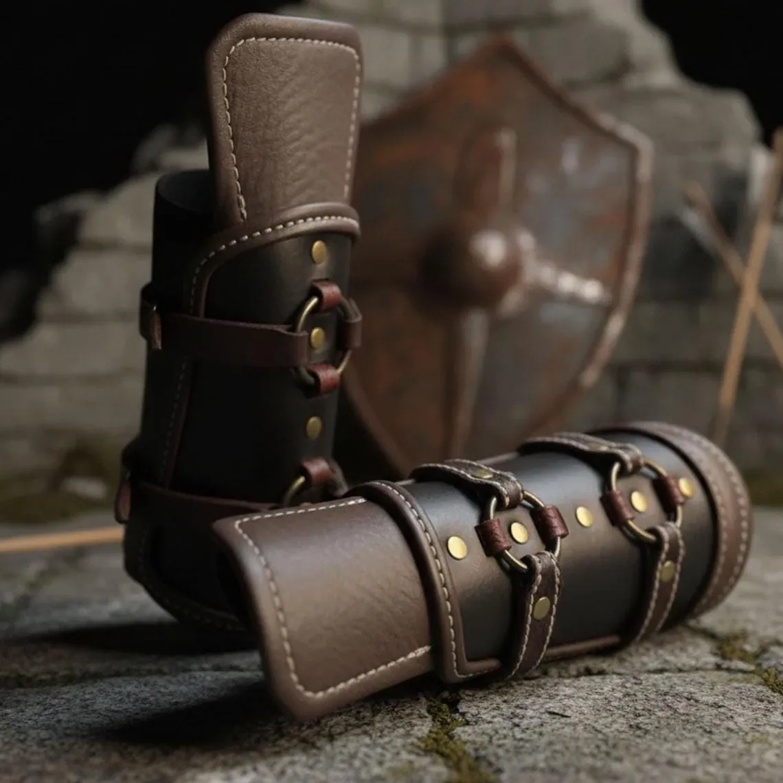 Handmade Leather Bracer Arm Guard Medieval Viking LARP Armor Cosplay Adjustable Cuff Gift, view 3