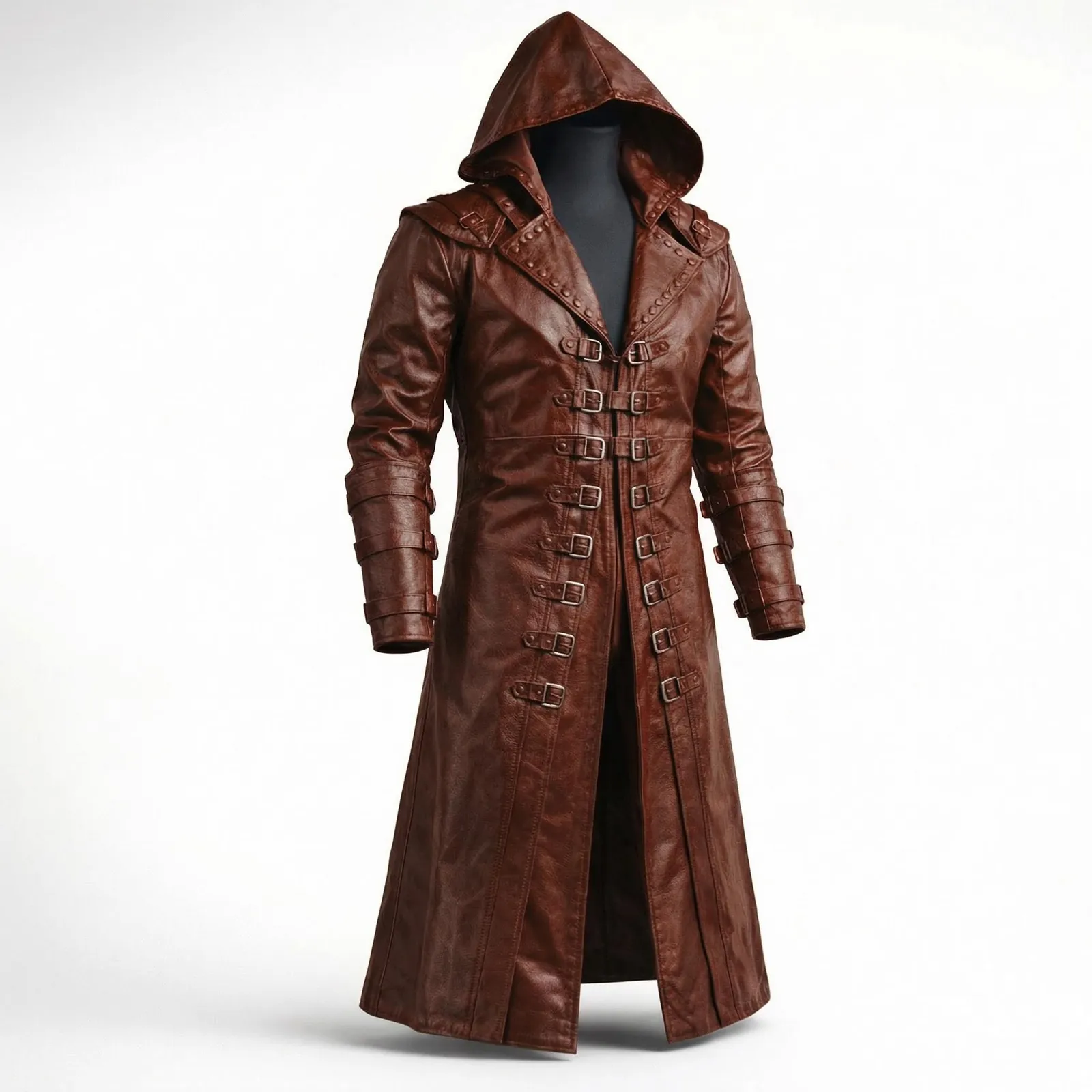 Men’s Brown Leather Hooded Coat-Medieval Fantasy Trench Assassin Cosplay Jacket Custom Made Outfit