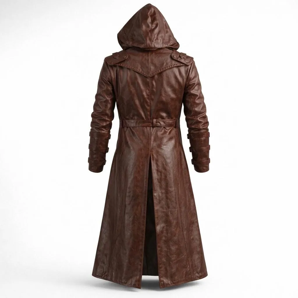 Men’s Brown Leather Hooded Coat-Medieval Fantasy Trench Assassin Cosplay Jacket Custom Made Outfit, view 2