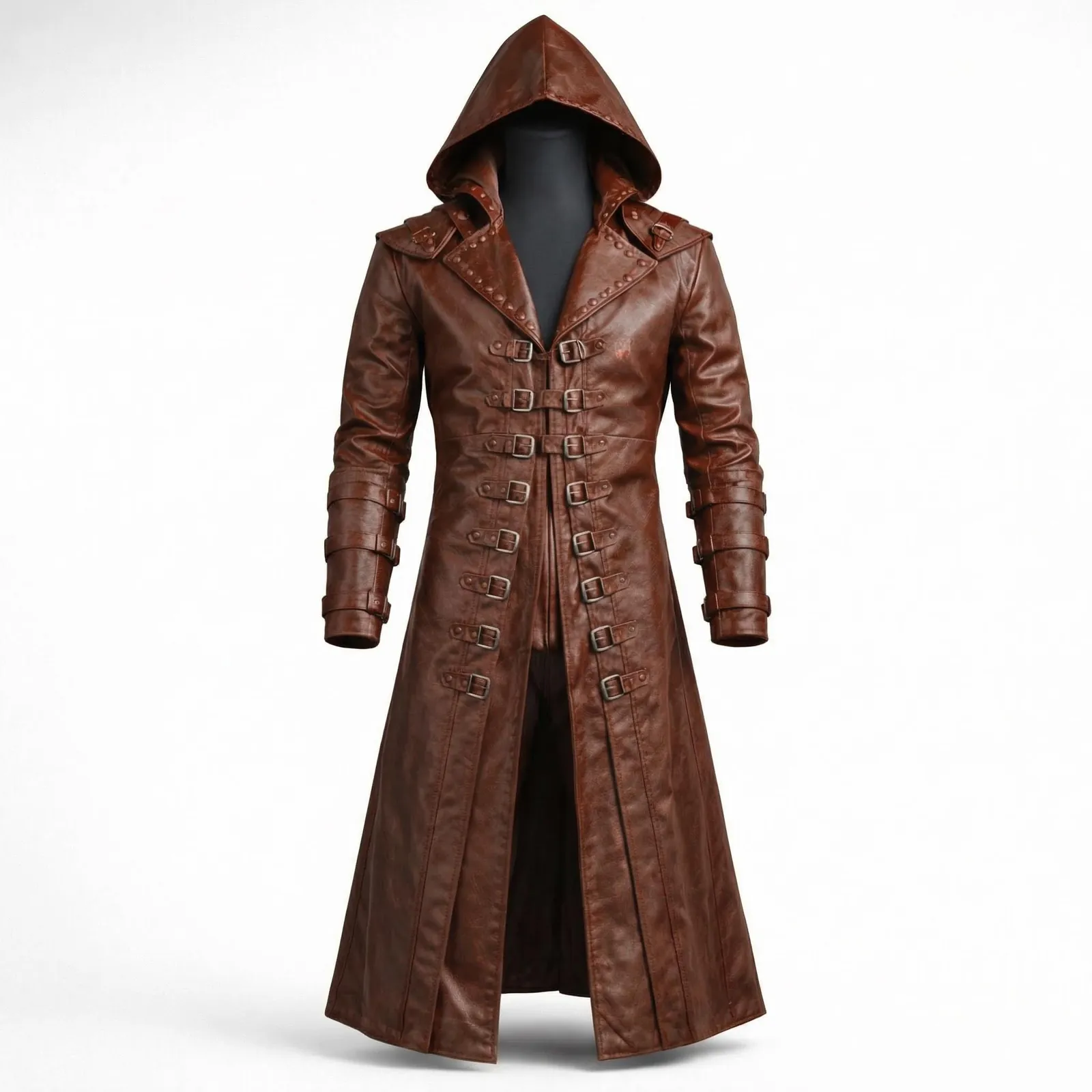 Men’s Brown Leather Hooded Coat-Medieval Fantasy Trench Assassin Cosplay Jacket Custom Made Outfit, view 3