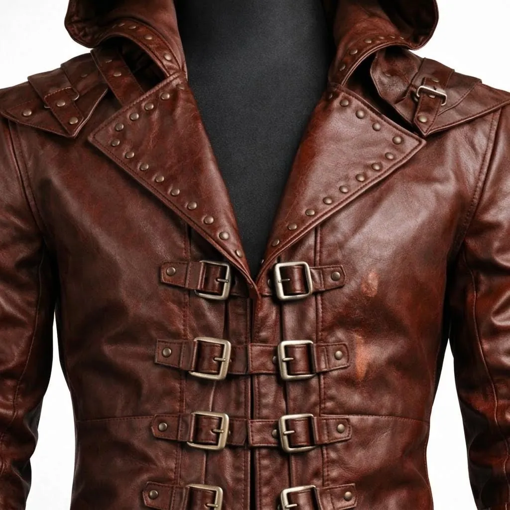 Men’s Brown Leather Hooded Coat-Medieval Fantasy Trench Assassin Cosplay Jacket Custom Made Outfit, view 4