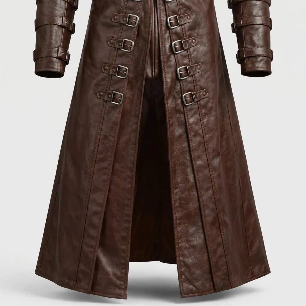 Men’s Brown Leather Hooded Coat-Medieval Fantasy Trench Assassin Cosplay Jacket Custom Made Outfit, view 5