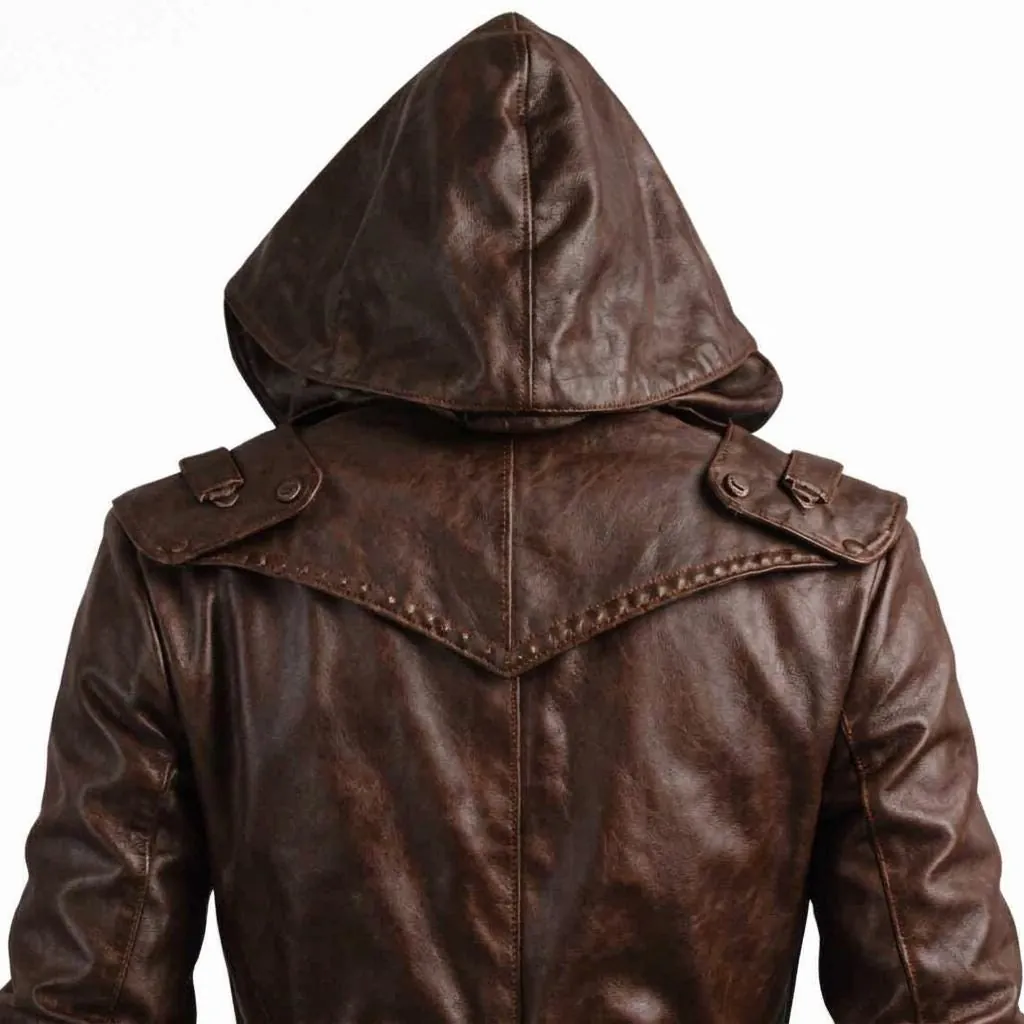 Men’s Brown Leather Hooded Coat-Medieval Fantasy Trench Assassin Cosplay Jacket Custom Made Outfit, view 6