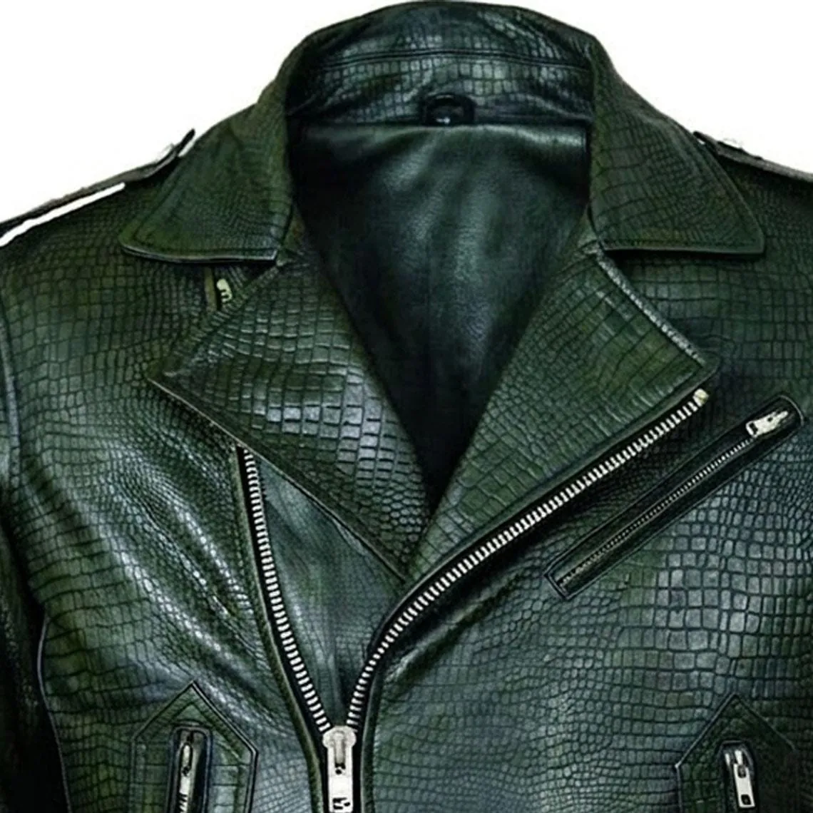 Men’s Crocodile Style Leather Jacket Textured Embossed Biker Jacket Fashion Luxury Coat, view 2
