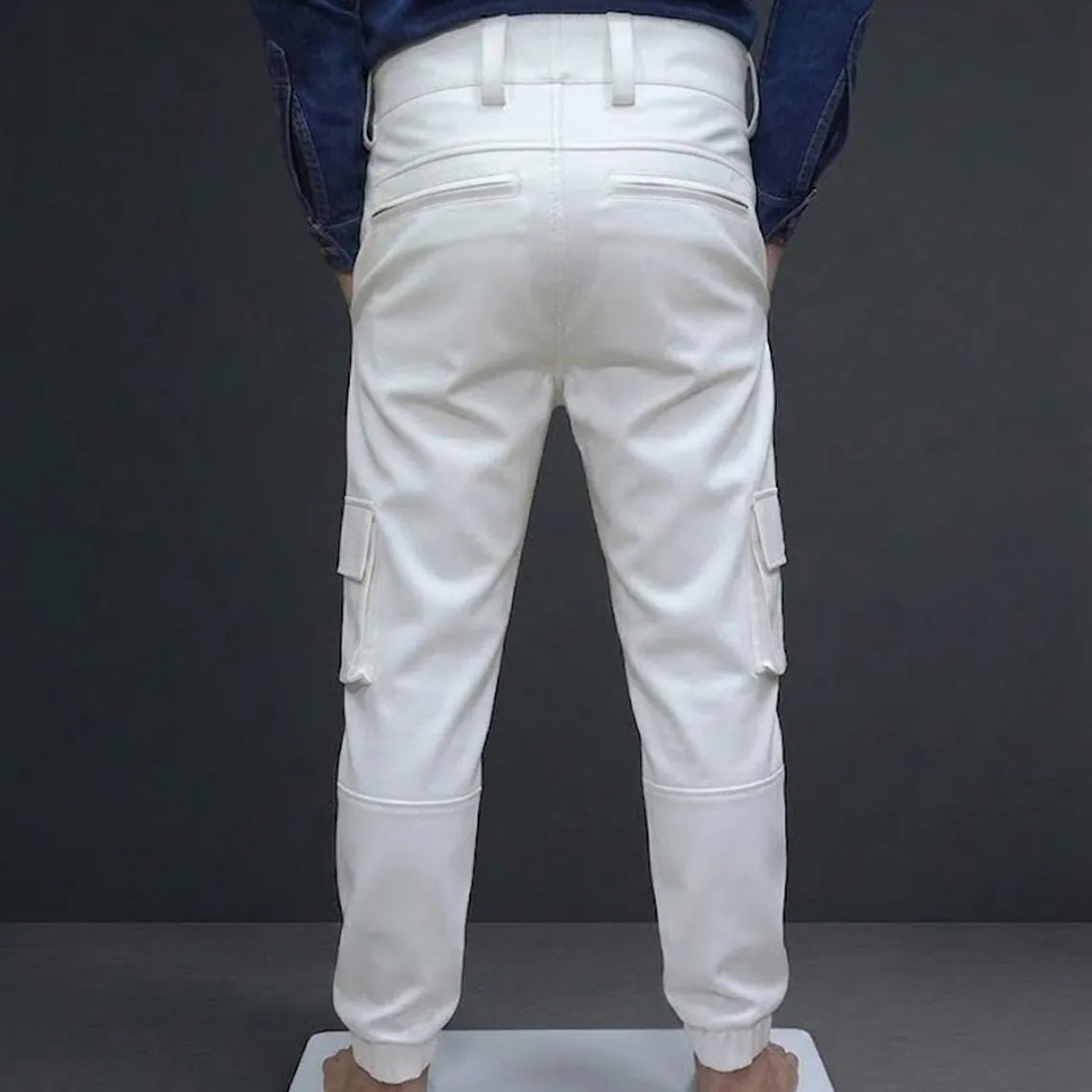 Men's White Leather Cargo Pants, view 2