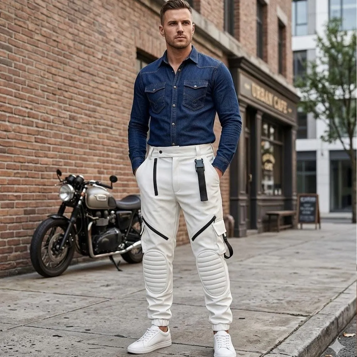 Men's White Leather Cargo Pants, view 4