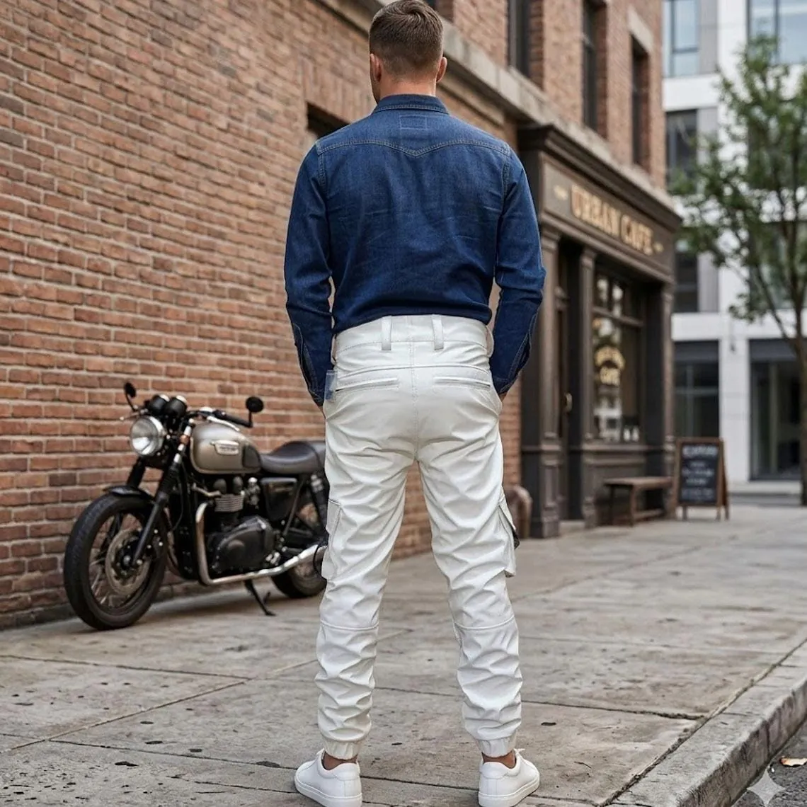 Men's White Leather Cargo Pants, view 5