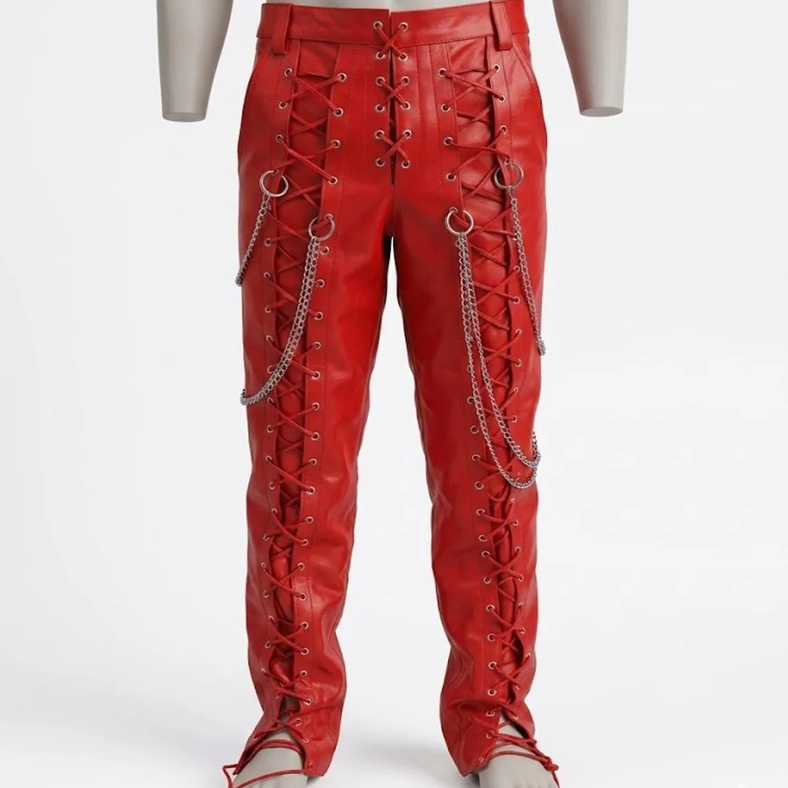 Red Genuine Leather Lace-Up Pants with Chains