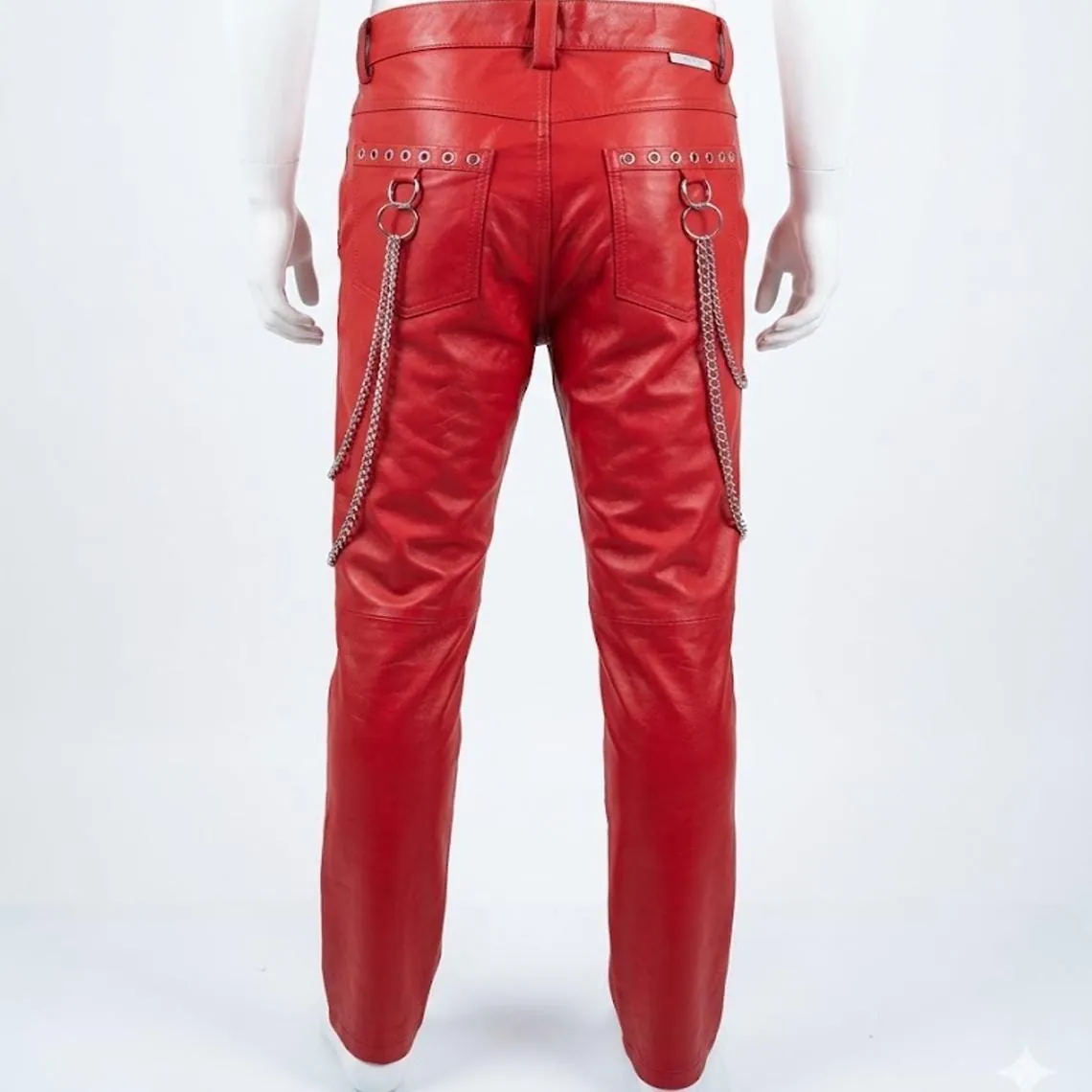 Red Genuine Leather Lace-Up Pants with Chains, view 2