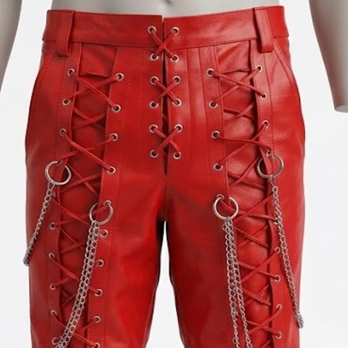 Red Genuine Leather Lace-Up Pants with Chains, view 3