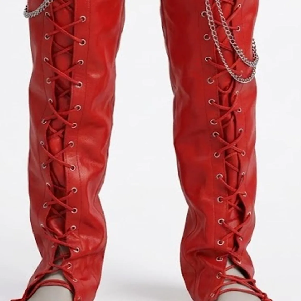 Red Genuine Leather Lace-Up Pants with Chains, view 4