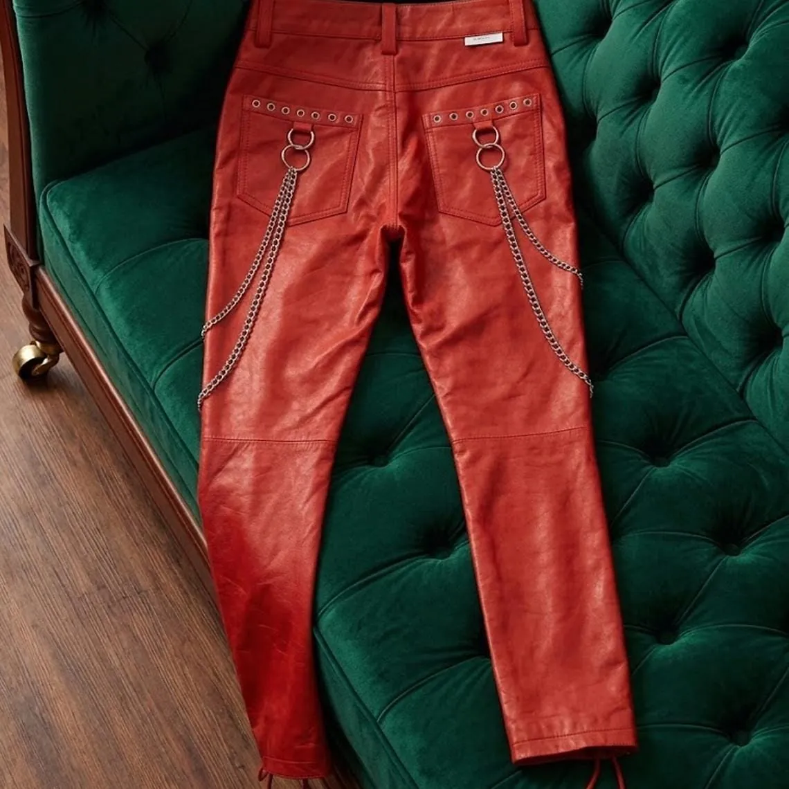Red Genuine Leather Lace-Up Pants with Chains, view 5
