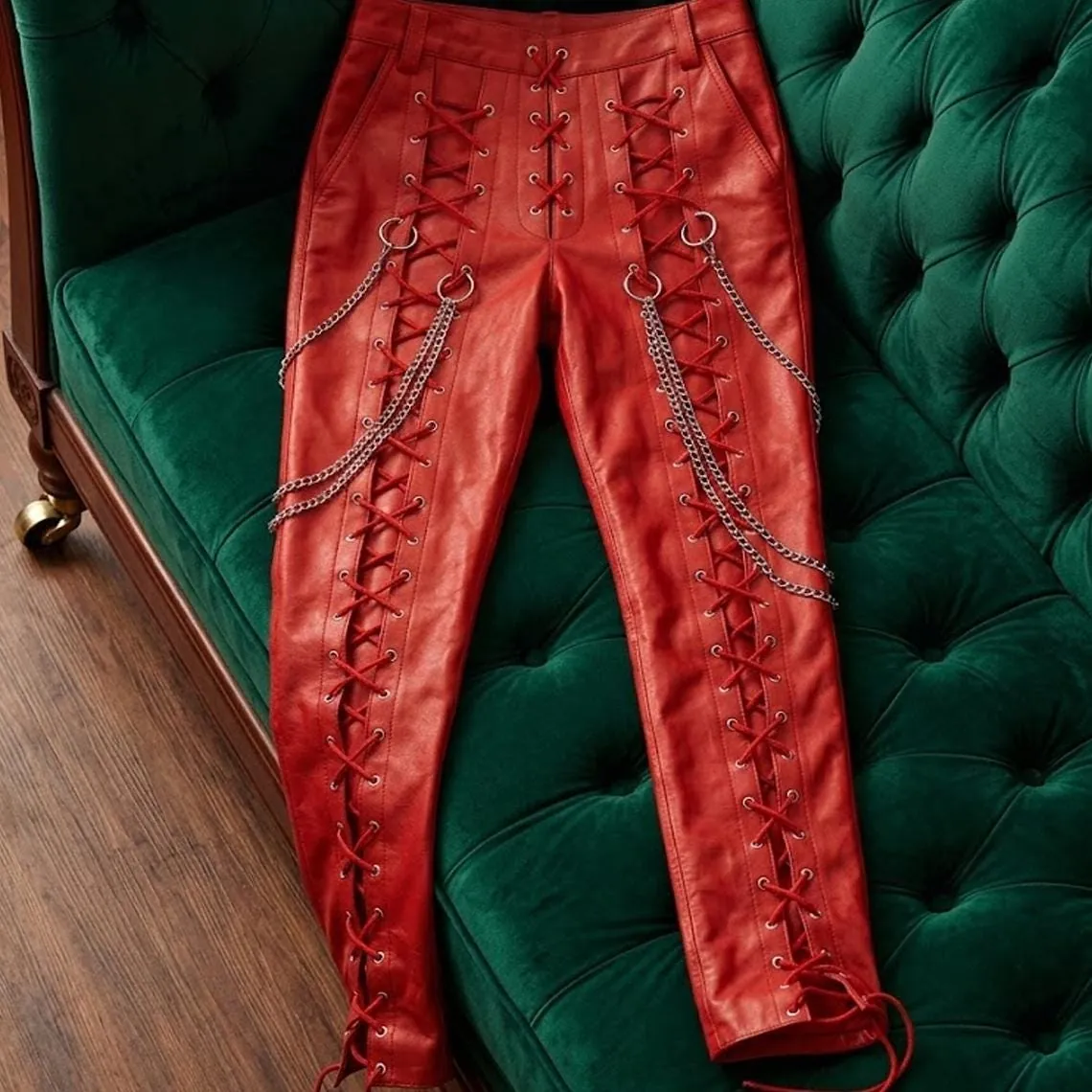 Red Genuine Leather Lace-Up Pants with Chains, view 6